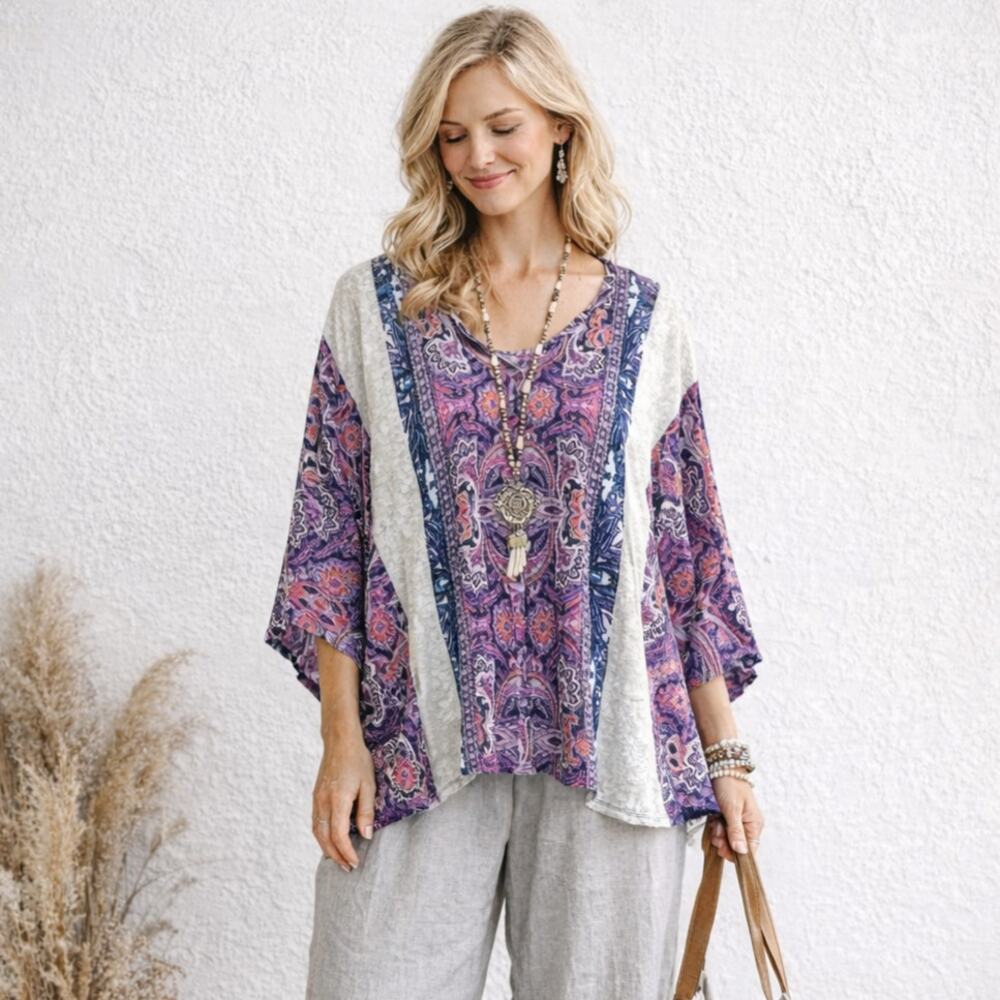 Dana Buchman Poncho Top Purple Paisley Lagenlook Size L/XL Boho